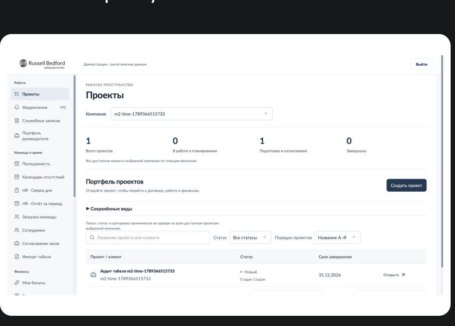 Интерфейс управления проектами Russell Bedford